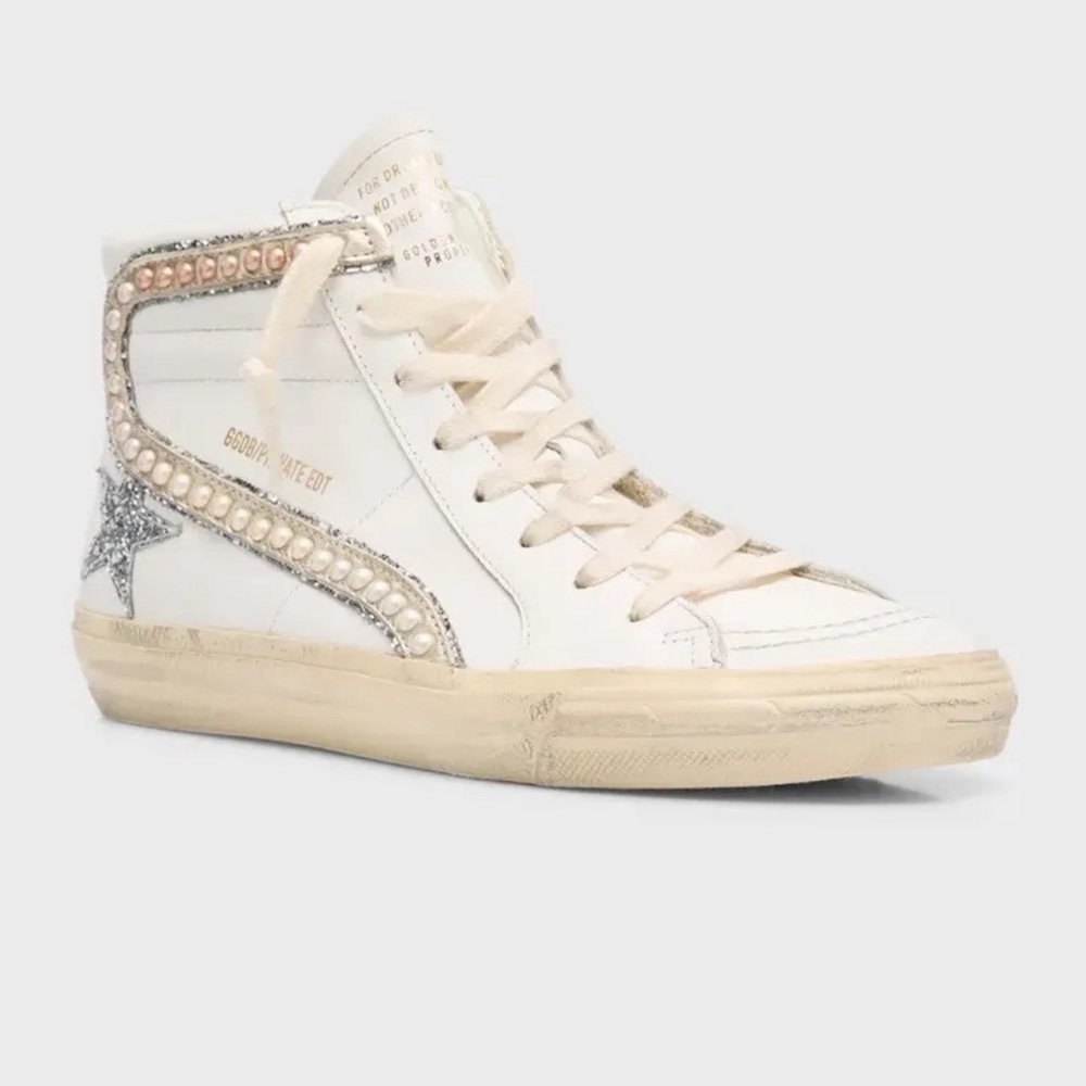 Golden Goose White and Silver High-Top Sneakers